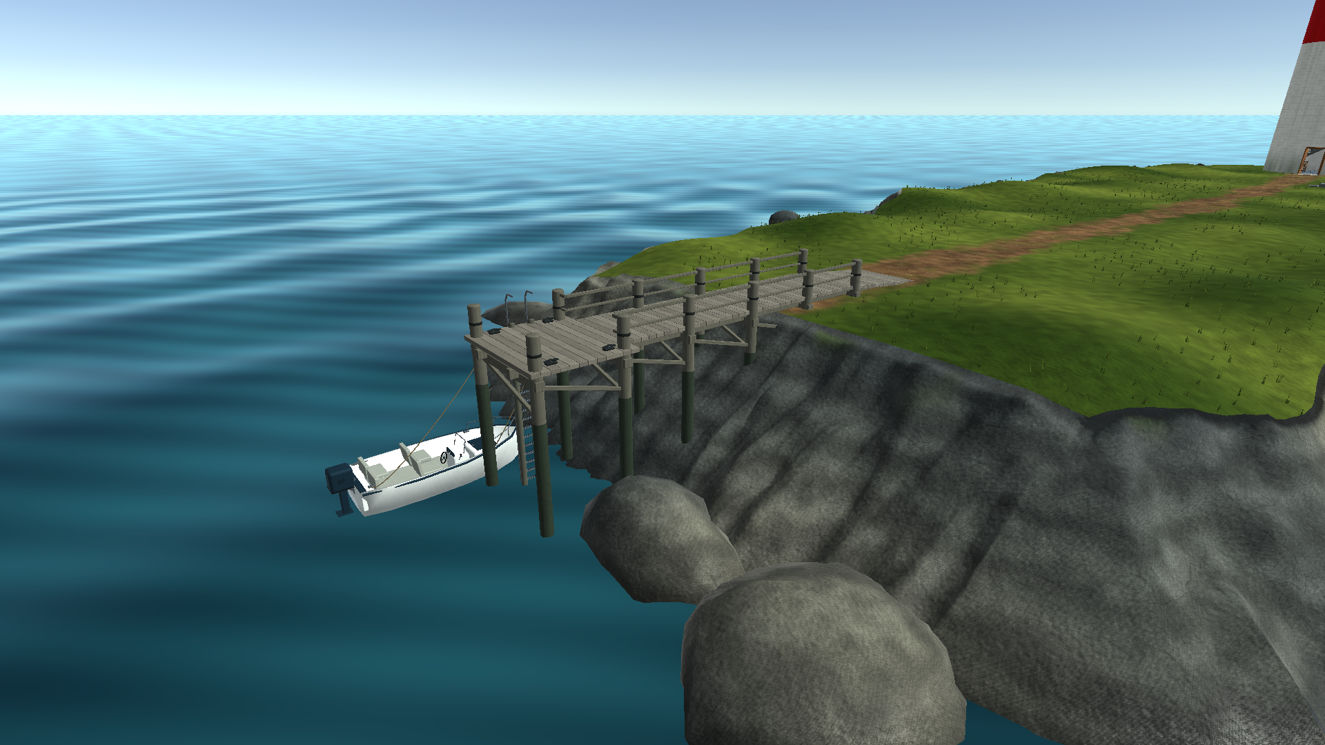 Wooden dock with a boarding ladder and moored motorboat