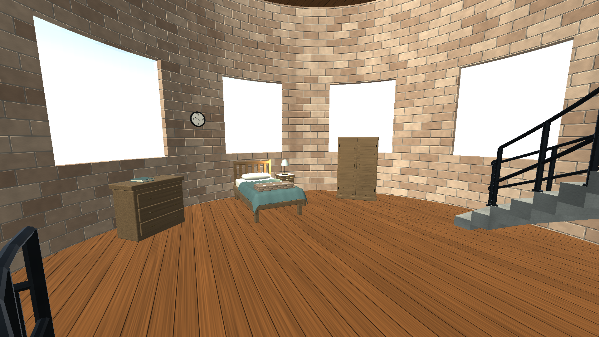 Furnished keeper’s quarters with a bed, dresser and wardrobe