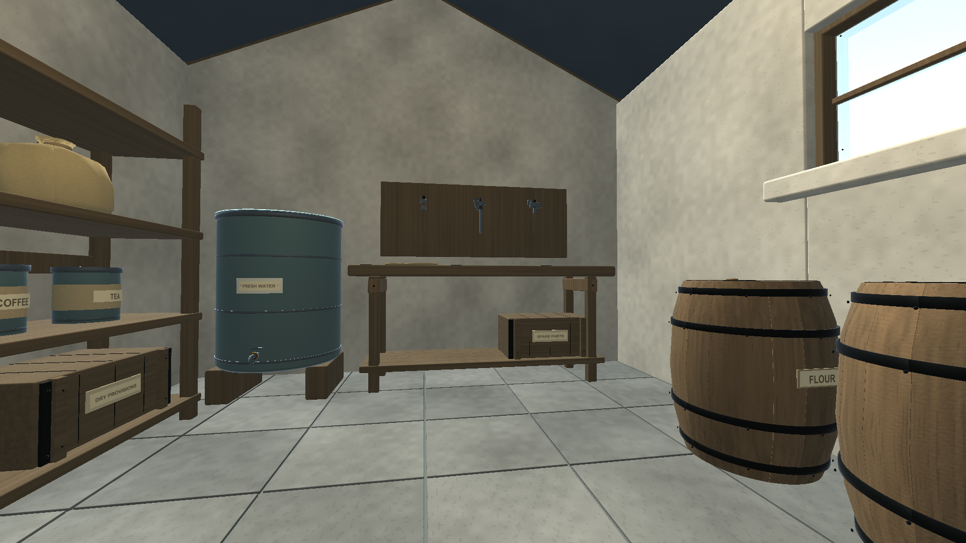 Storehouse workbench, provision barrels and fresh-water container